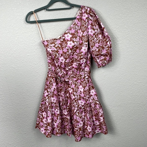 New Jason Wu One Shoulder Puff Sleeve Floral Belted Mini Dress Pink Tan XS - Picture 3 of 13